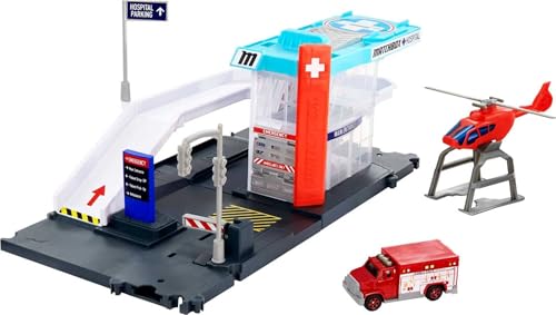 Cars Playset, Action Drivers Helicopter Rescue & 1:64 Scale Ambulance & Helico